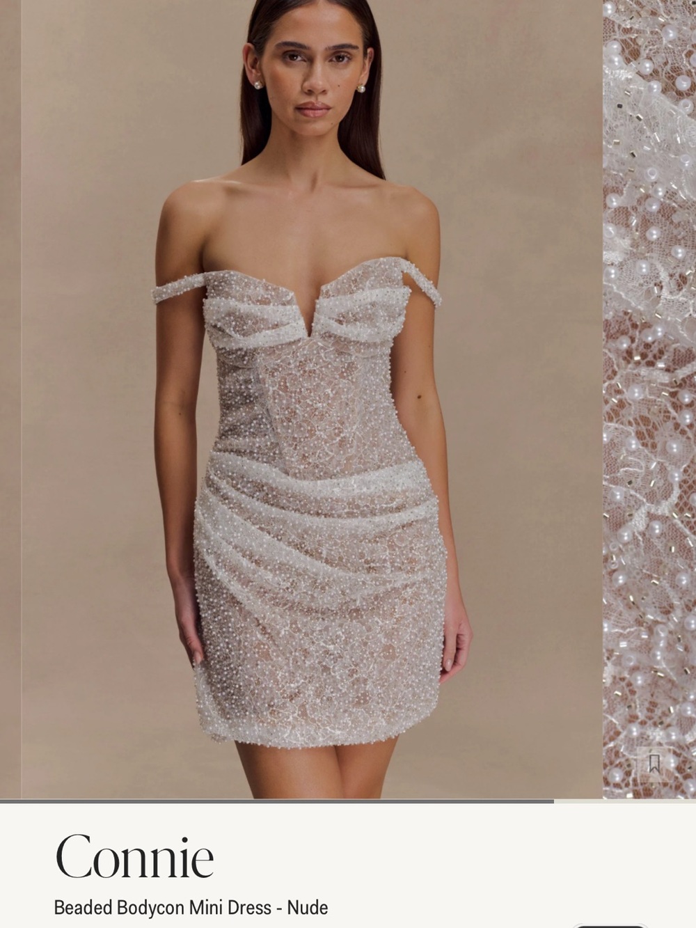Meshki Nude Beaded Off-Shoulder Mini Dress